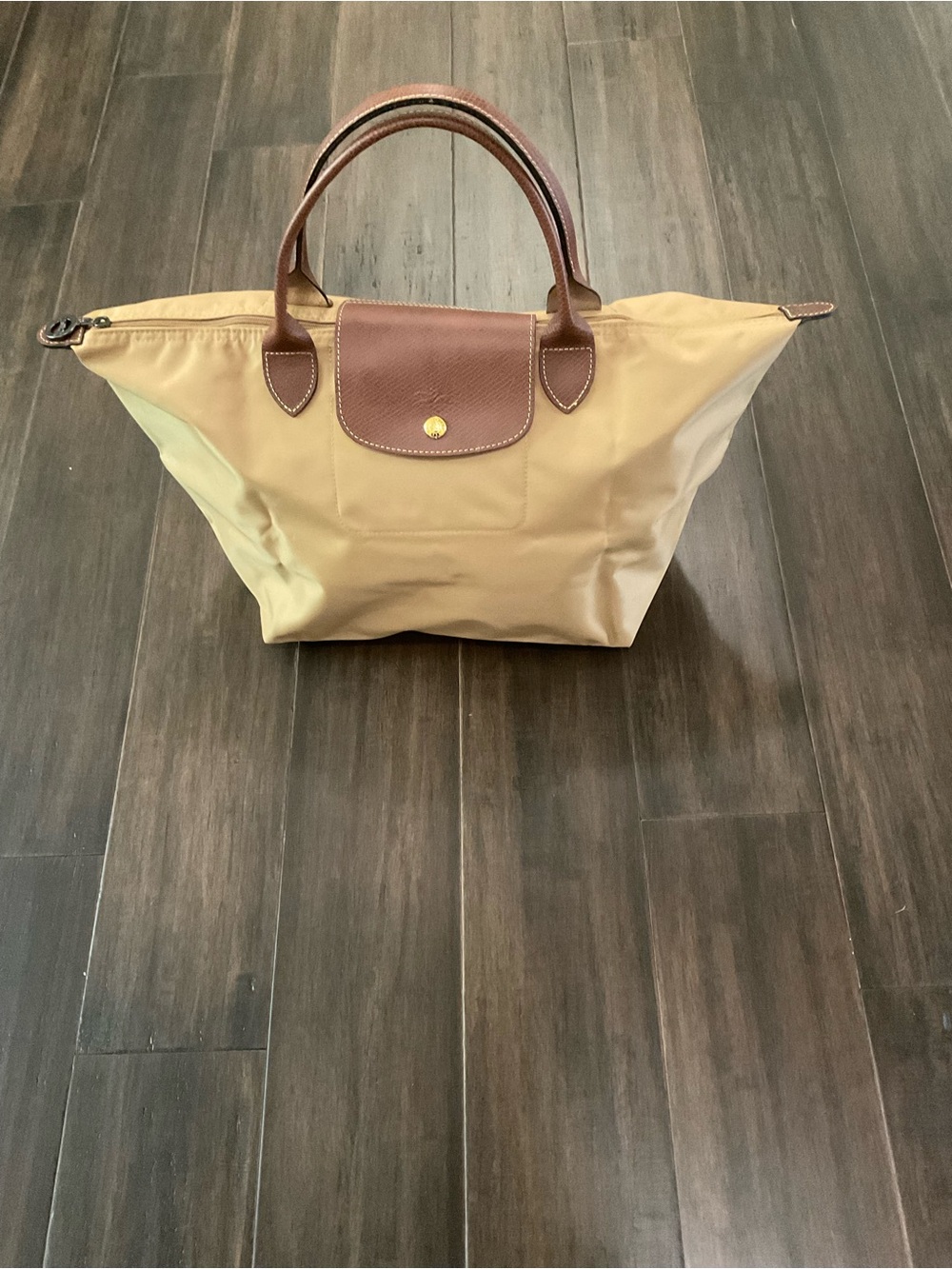 Longchamp Le Pliage Medium Mix Metal Original Chamois Fawn Short Handle Handbag
